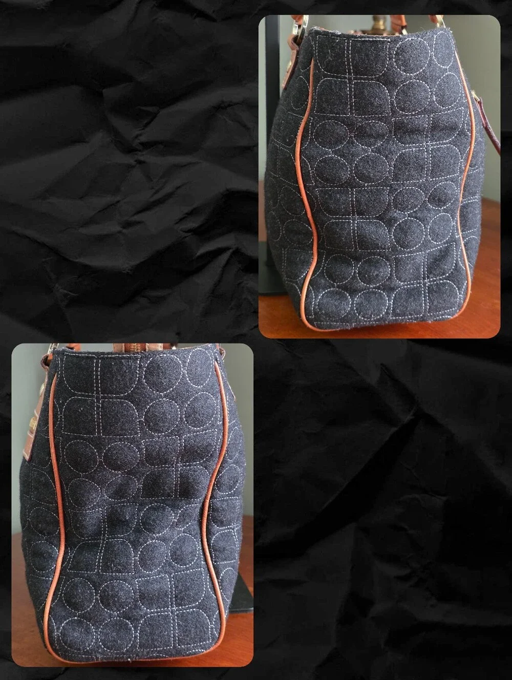Kate Spade WKRU0223 Quilted Wool Dark Gray Tan Leather Tote Shoulder Bag